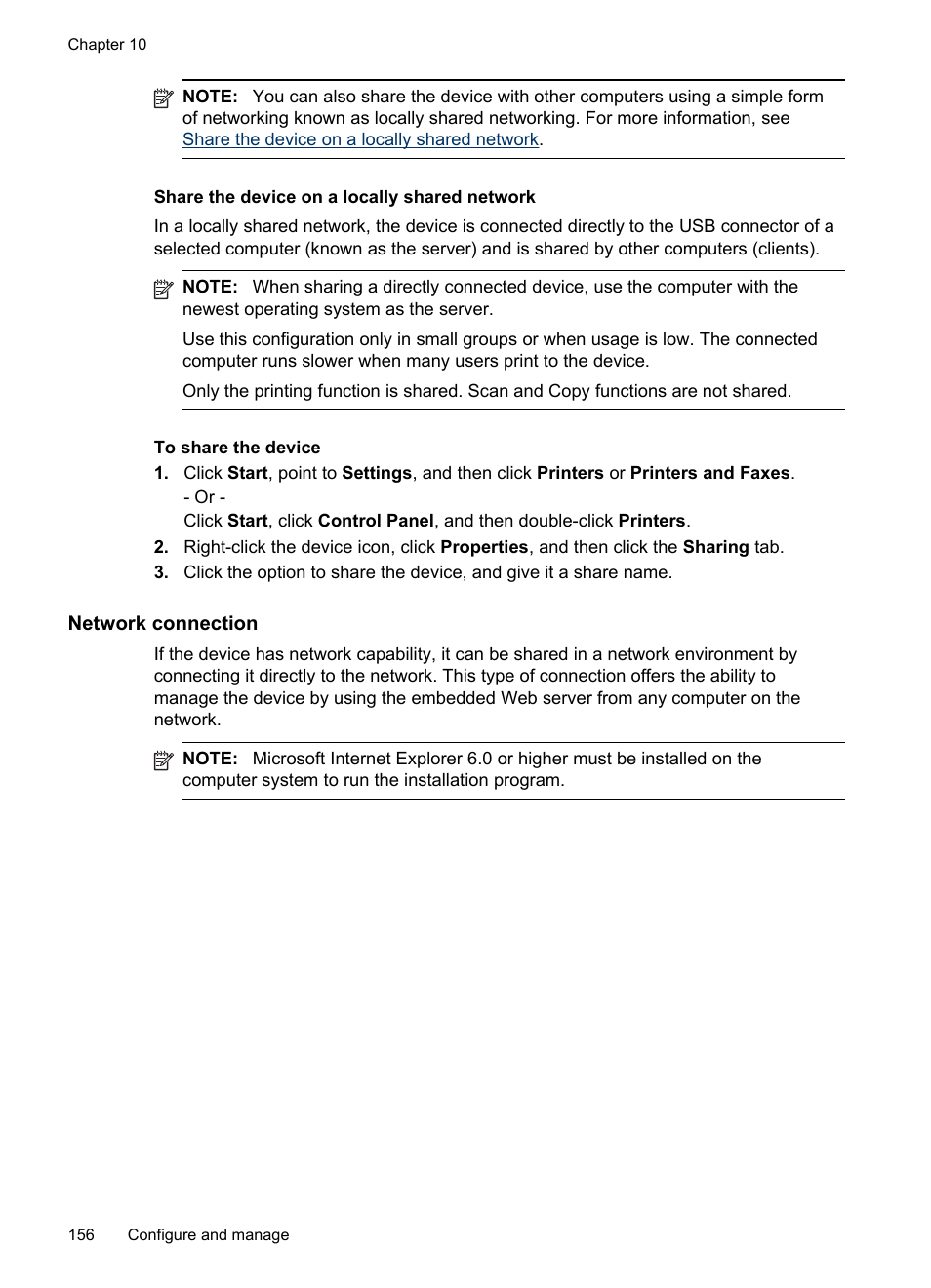 Share the device on a locally shared network, Network connection, Share the device on a | Locally shared network | HP Officejet Pro 8500 User Manual | Page 160 / 306