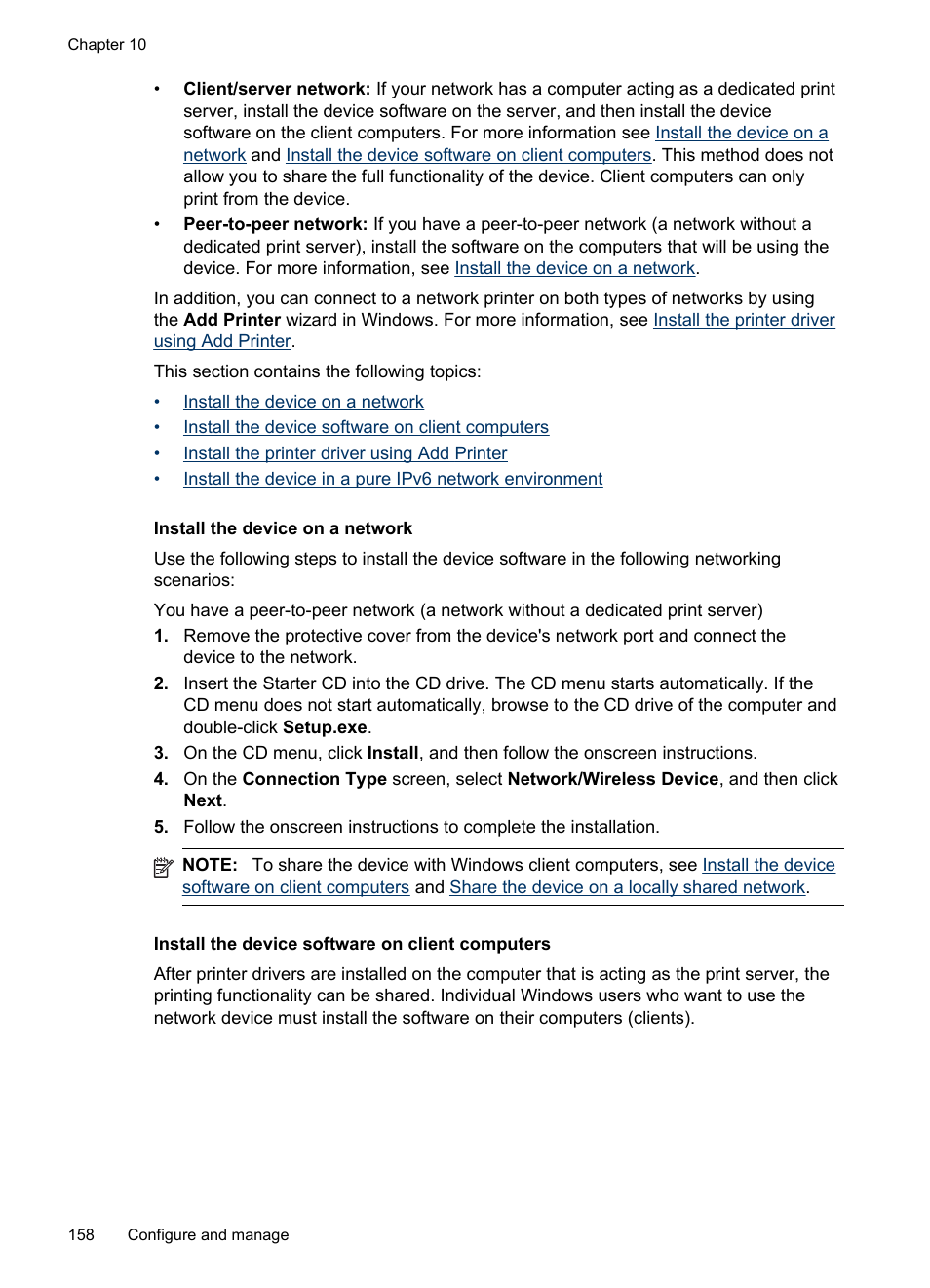 Install the device on a network, Install the device software on client computers, Install | The device on a network, The device software on client computers | HP Officejet Pro 8500 User Manual | Page 162 / 306