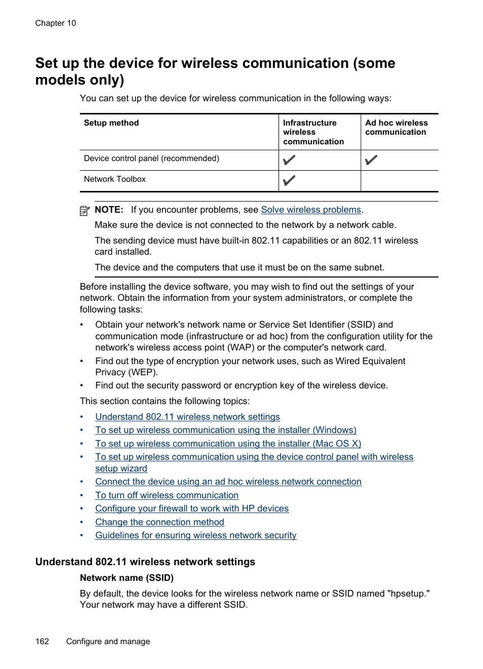 Understand 802.11 wireless network settings, Set up the, Set up the device for | Wireless communication (some models only) | HP Officejet Pro 8500 User Manual | Page 166 / 306