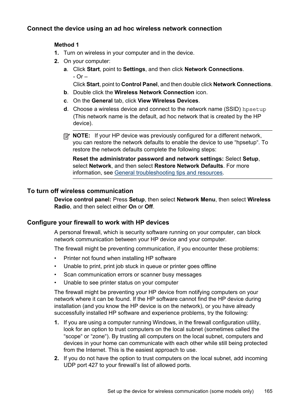 To turn off wireless communication, Configure your firewall to work with hp devices | HP Officejet Pro 8500 User Manual | Page 169 / 306