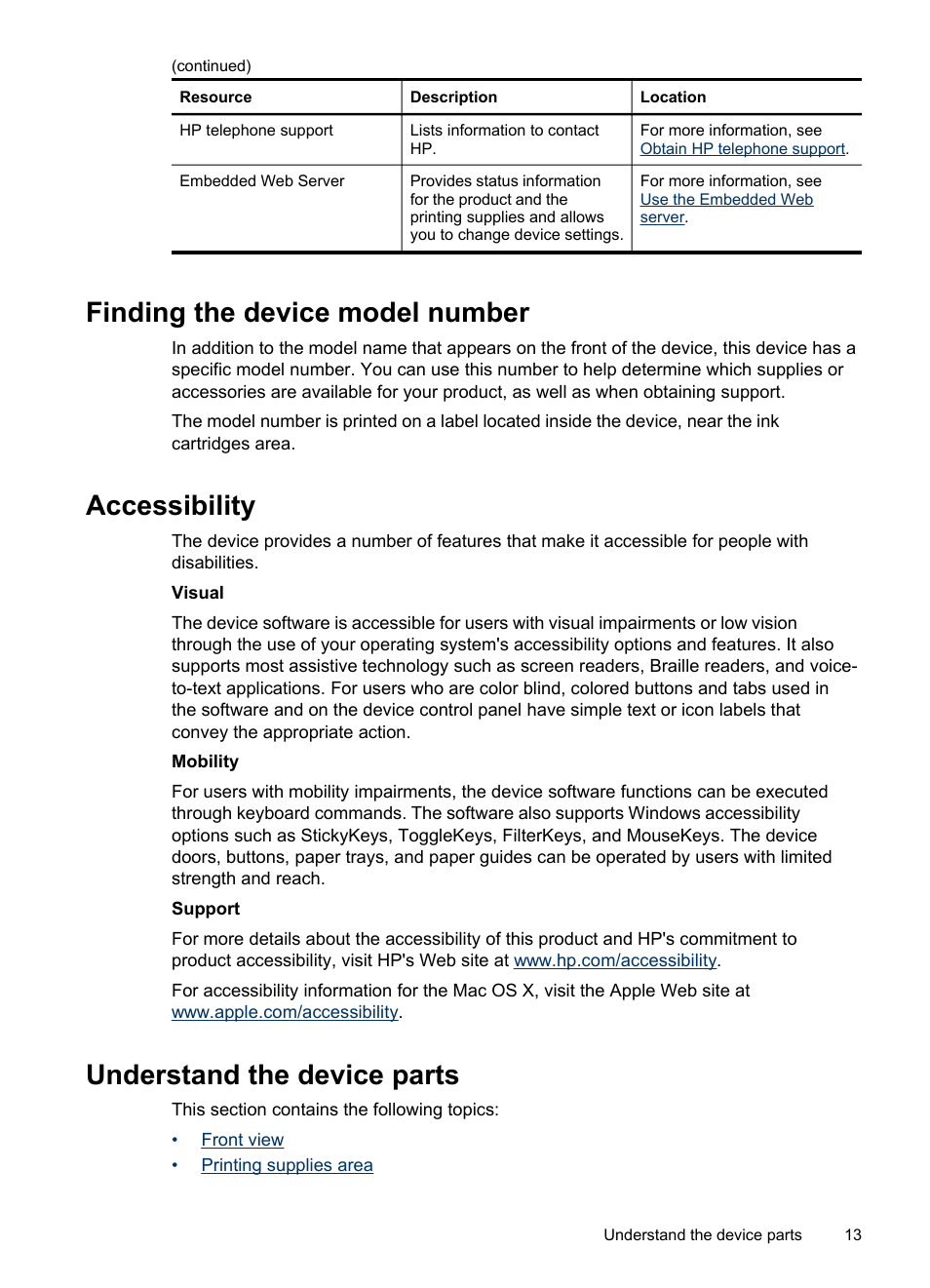 Finding the device model number, Accessibility, Understand the device parts | Connection information | HP Officejet Pro 8500 User Manual | Page 17 / 306