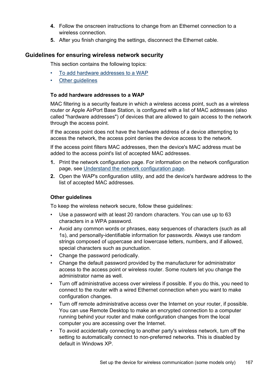 Guidelines for ensuring wireless network security, To add hardware addresses to a wap, Other guidelines | HP Officejet Pro 8500 User Manual | Page 171 / 306