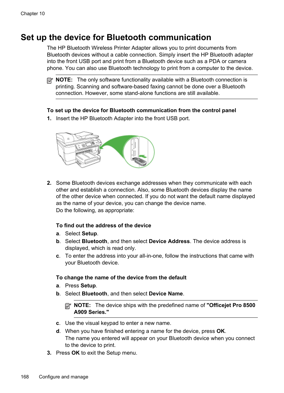 Set up the device for bluetooth communication, Set bluetooth security for the device | HP Officejet Pro 8500 User Manual | Page 172 / 306