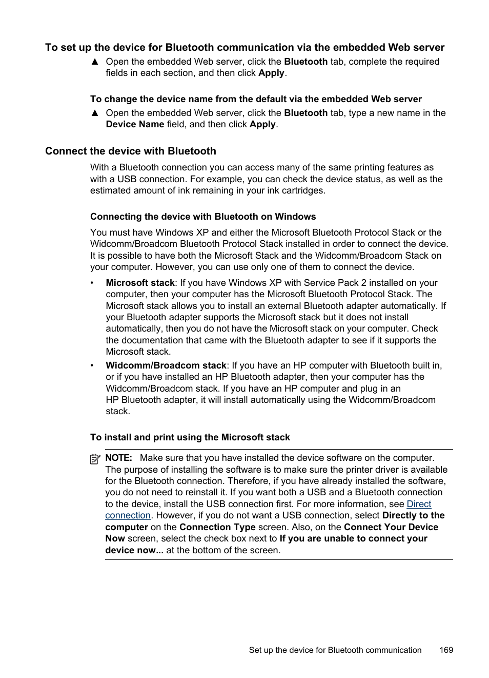 Connect the device with bluetooth, Connecting the device with bluetooth on windows | HP Officejet Pro 8500 User Manual | Page 173 / 306