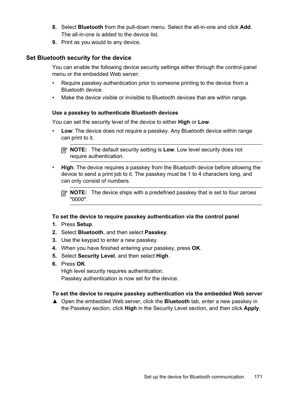 Set bluetooth security for the device, Use a passkey to authenticate bluetooth devices | HP Officejet Pro 8500 User Manual | Page 175 / 306