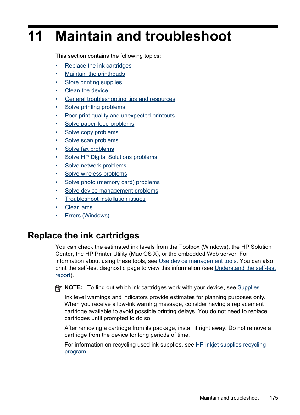 Maintain and troubleshoot, Replace the ink cartridges, 11 maintain and troubleshoot | HP Officejet Pro 8500 User Manual | Page 179 / 306