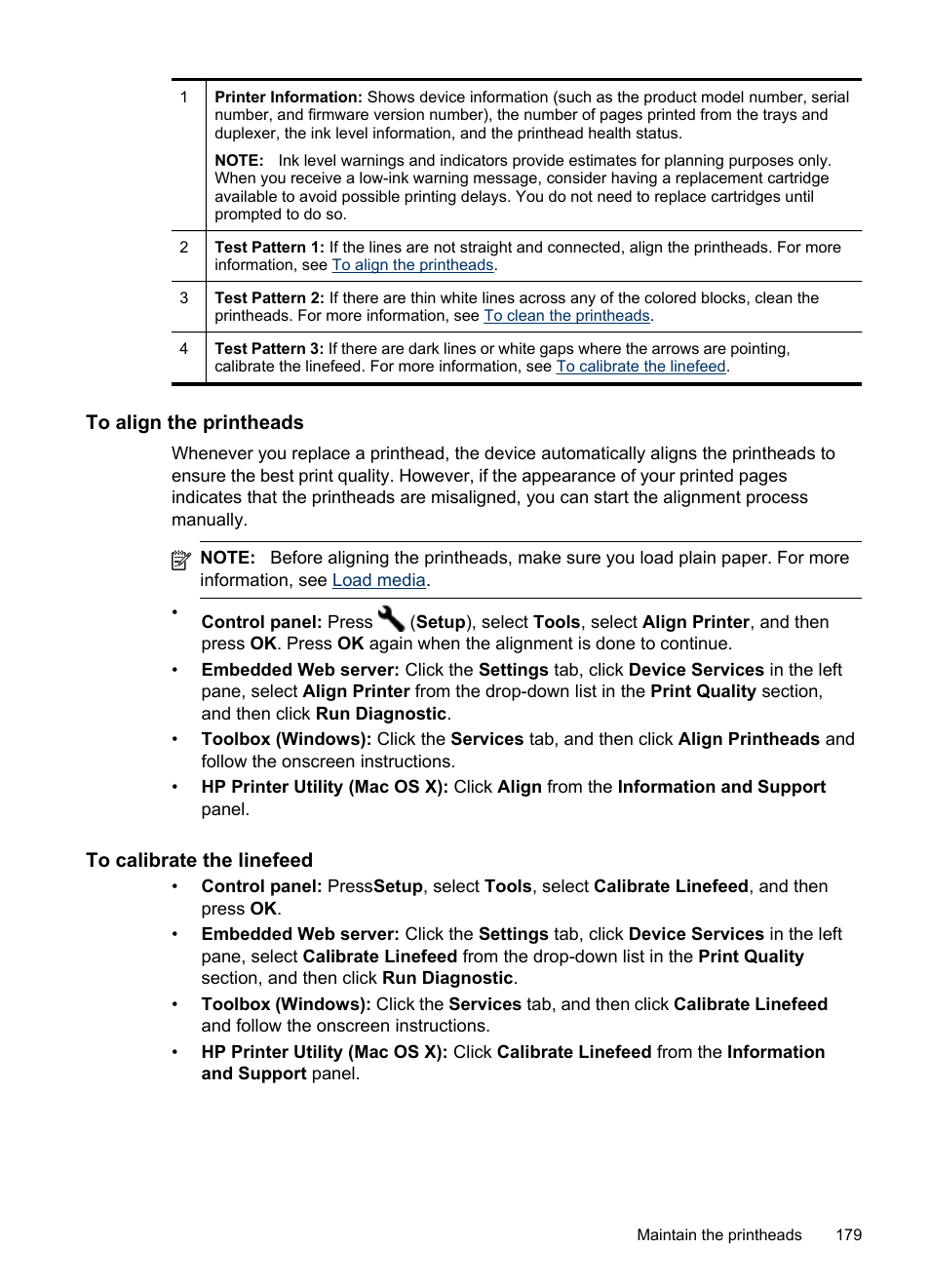 To align the printheads, To calibrate the linefeed | HP Officejet Pro 8500 User Manual | Page 183 / 306