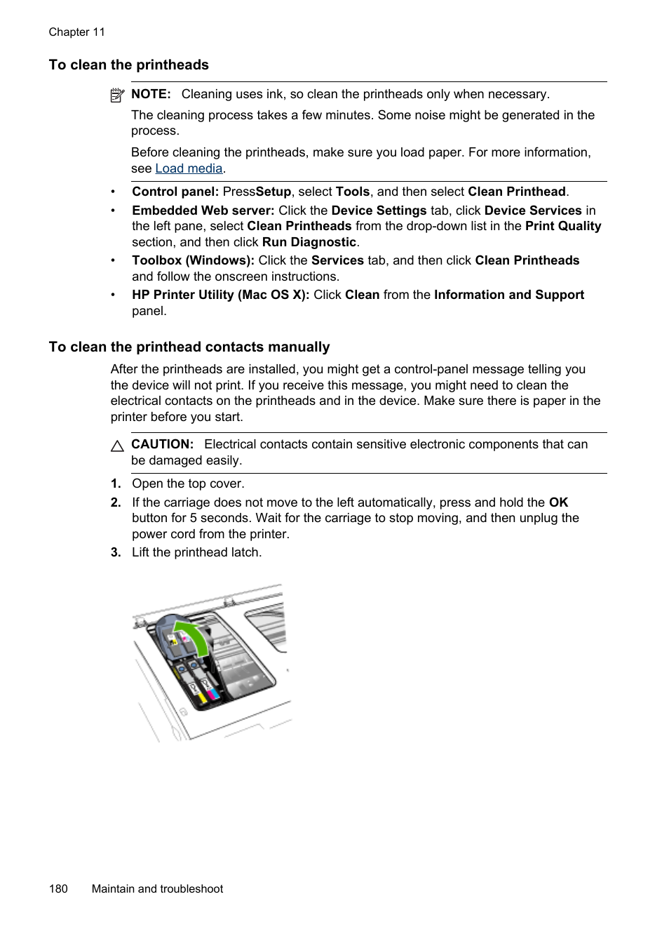 To clean the printheads, To clean the printhead contacts manually | HP Officejet Pro 8500 User Manual | Page 184 / 306