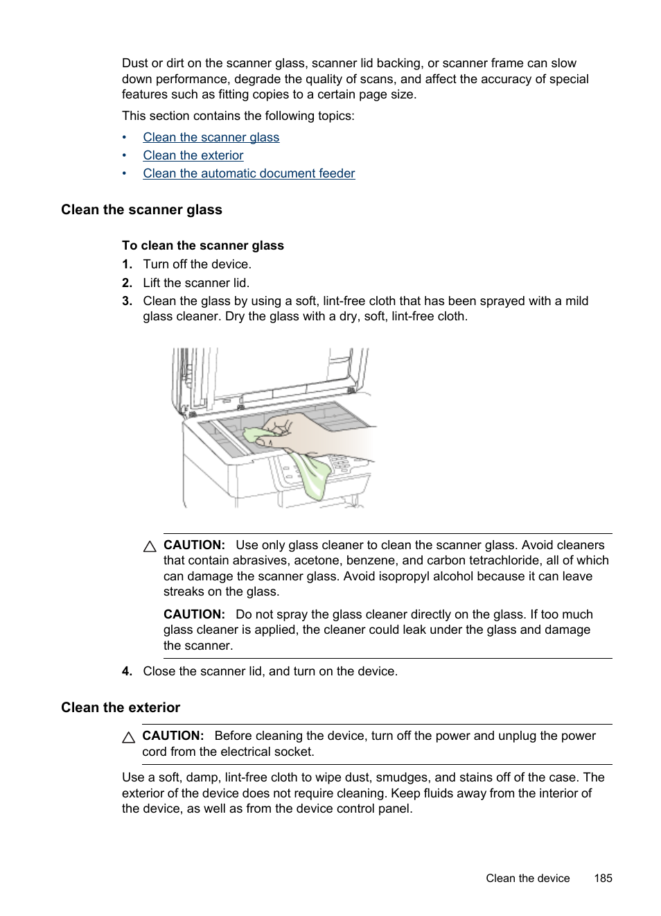 Clean the scanner glass, Clean the exterior | HP Officejet Pro 8500 User Manual | Page 189 / 306