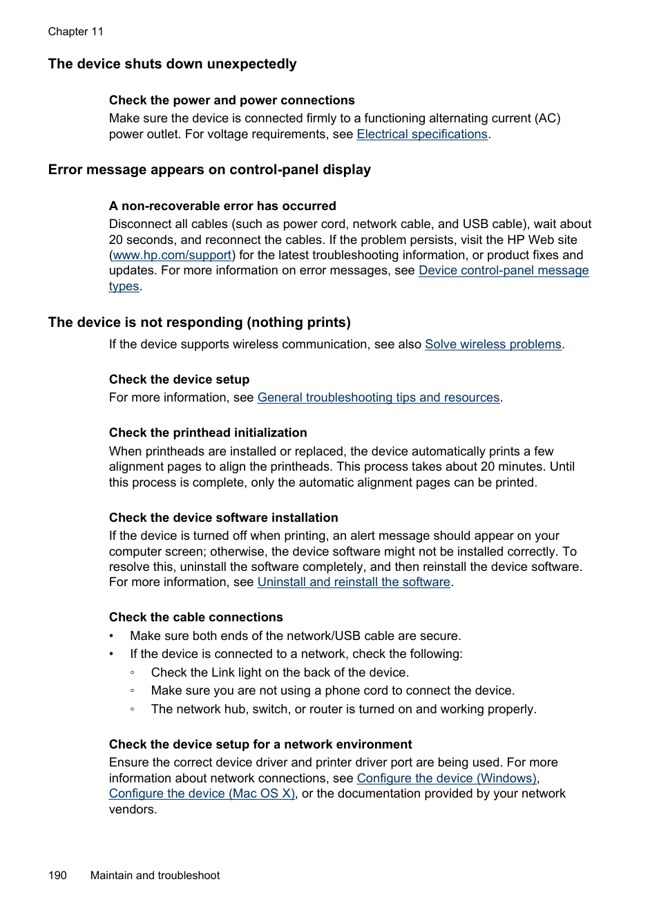 The device shuts down unexpectedly, Error message appears on control-panel display, The device is not responding (nothing prints) | HP Officejet Pro 8500 User Manual | Page 194 / 306