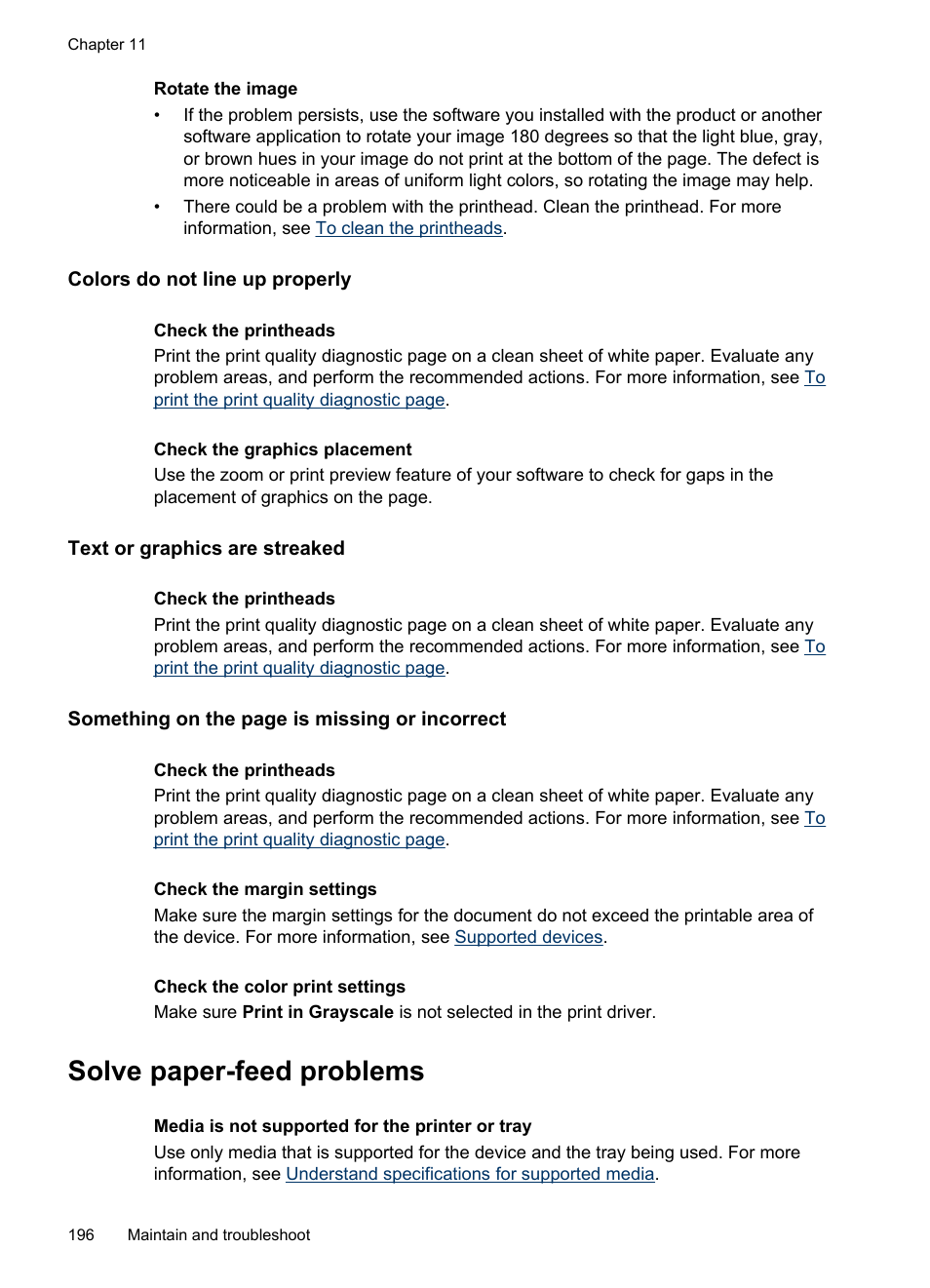 Colors do not line up properly, Text or graphics are streaked, Solve paper-feed problems | Solve, Paper-feed problems | HP Officejet Pro 8500 User Manual | Page 200 / 306