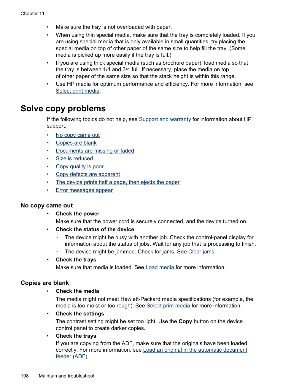 Solve copy problems, No copy came out, Copies are blank | HP Officejet Pro 8500 User Manual | Page 202 / 306