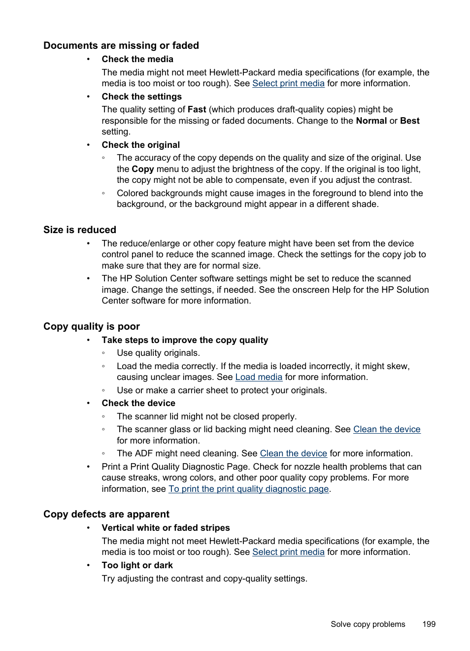Documents are missing or faded, Size is reduced, Copy quality is poor | Copy defects are apparent | HP Officejet Pro 8500 User Manual | Page 203 / 306