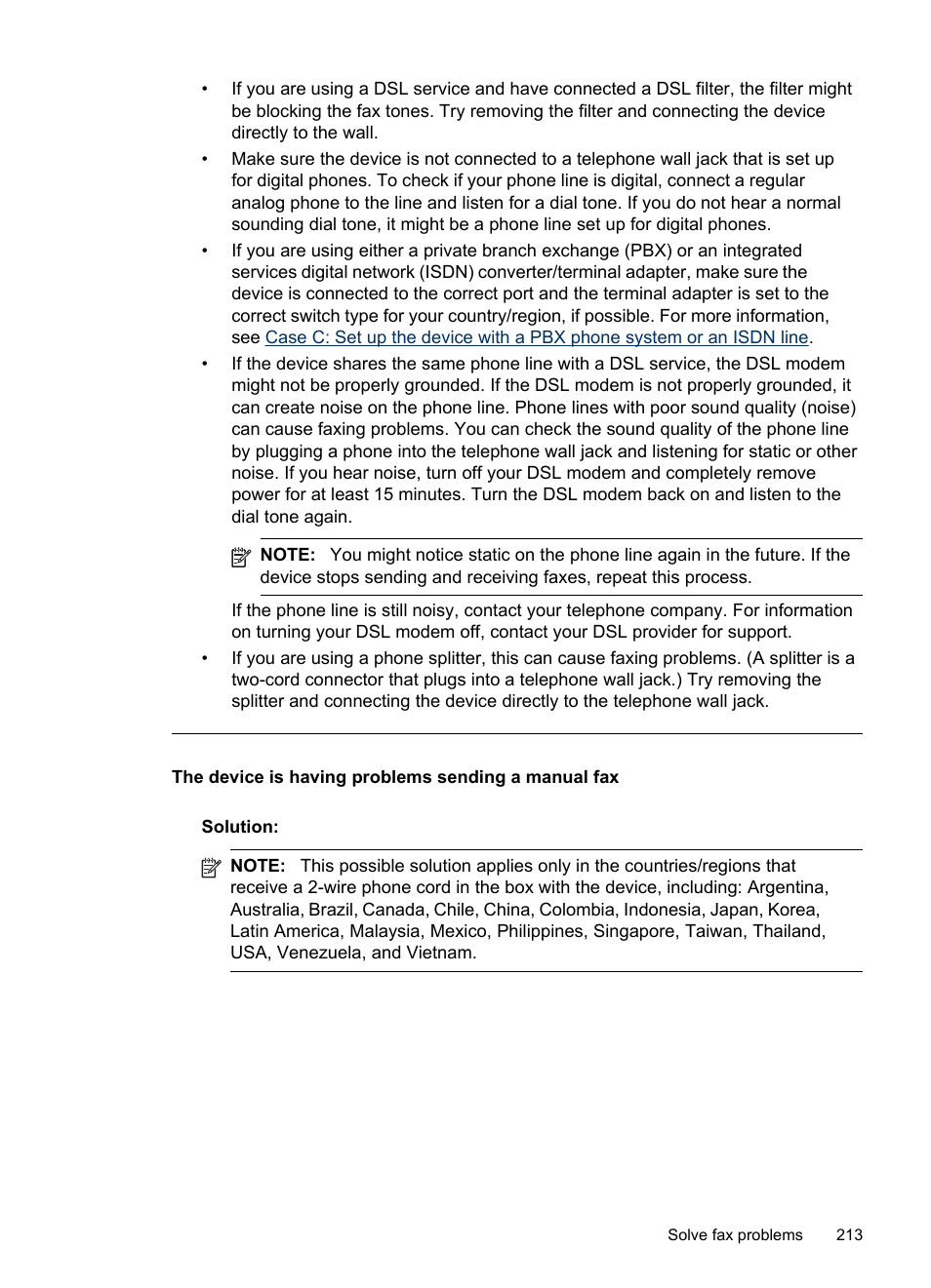 The device is having problems sending a manual fax | HP Officejet Pro 8500 User Manual | Page 217 / 306