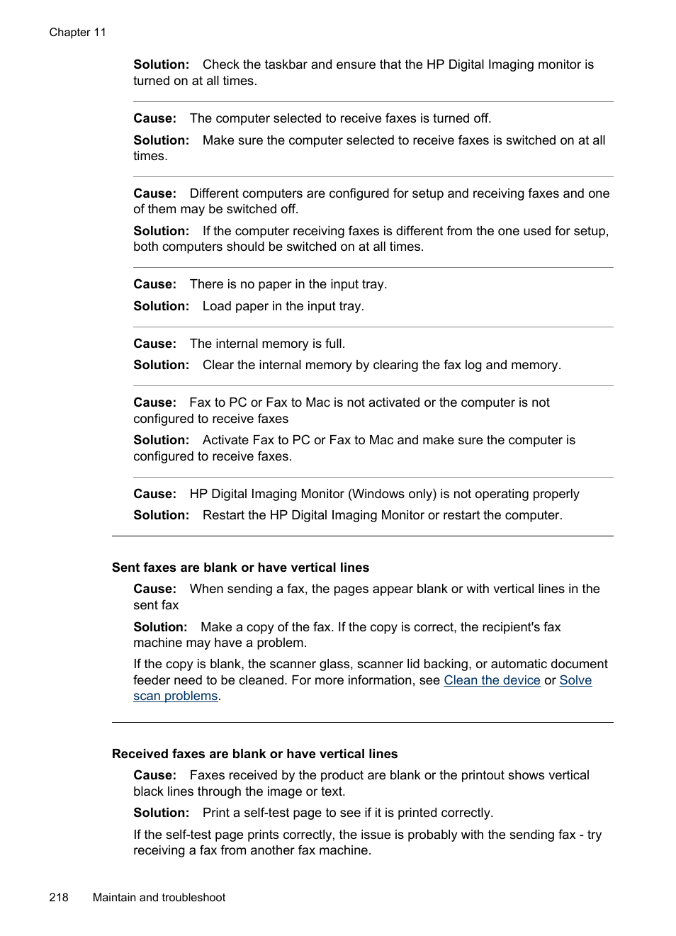 Sent faxes are blank or have vertical lines, Received faxes are blank or have vertical lines | HP Officejet Pro 8500 User Manual | Page 222 / 306