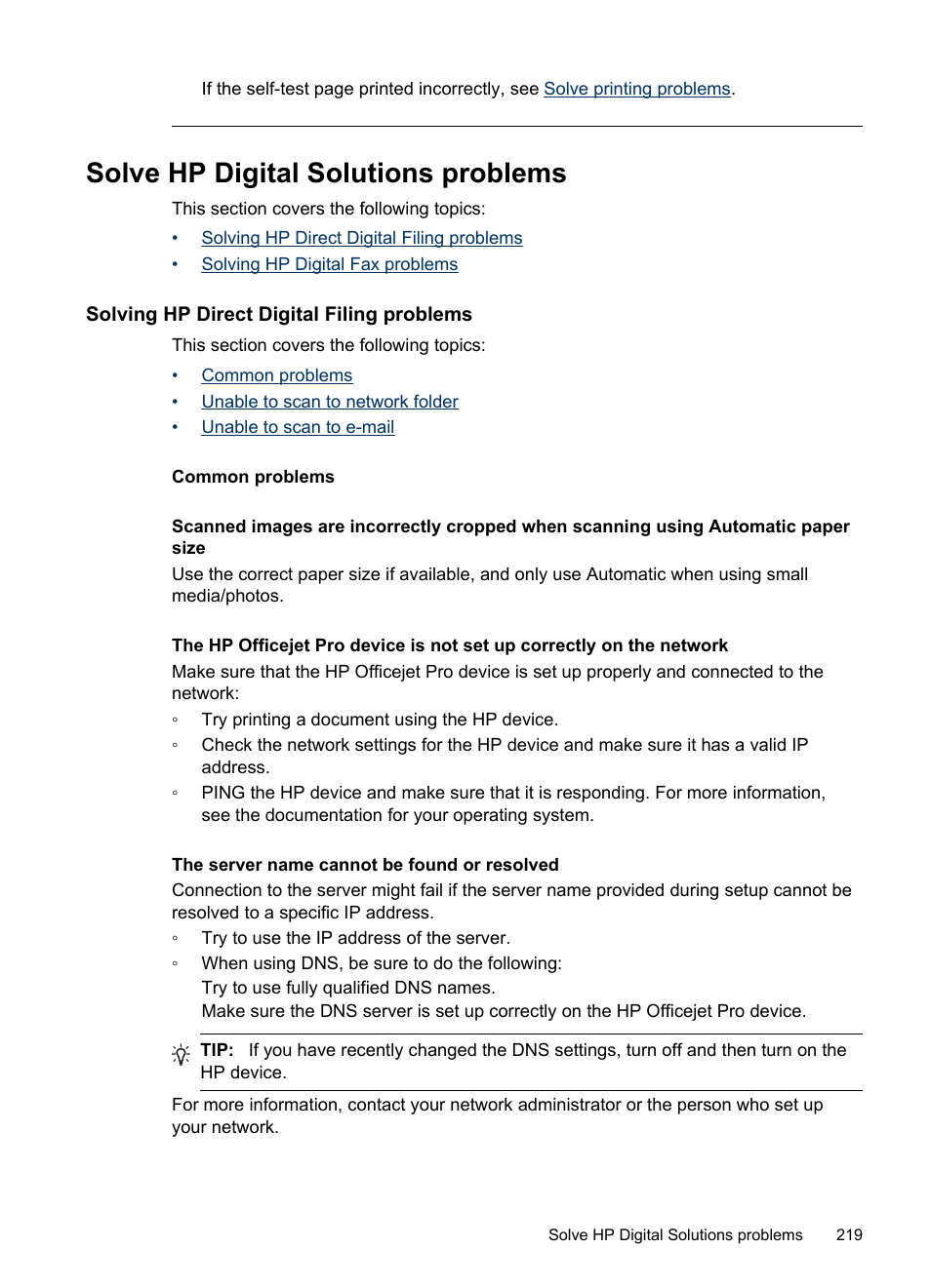Solve hp digital solutions problems, Solving hp direct digital filing problems, Common problems | Solving hp digital fax problems | HP Officejet Pro 8500 User Manual | Page 223 / 306
