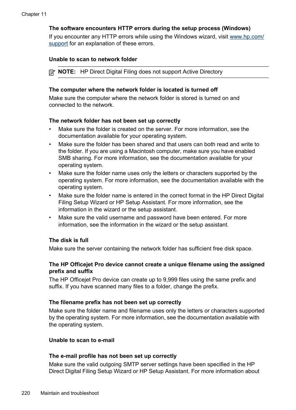 Unable to scan to network folder, Unable to scan to e-mail | HP Officejet Pro 8500 User Manual | Page 224 / 306