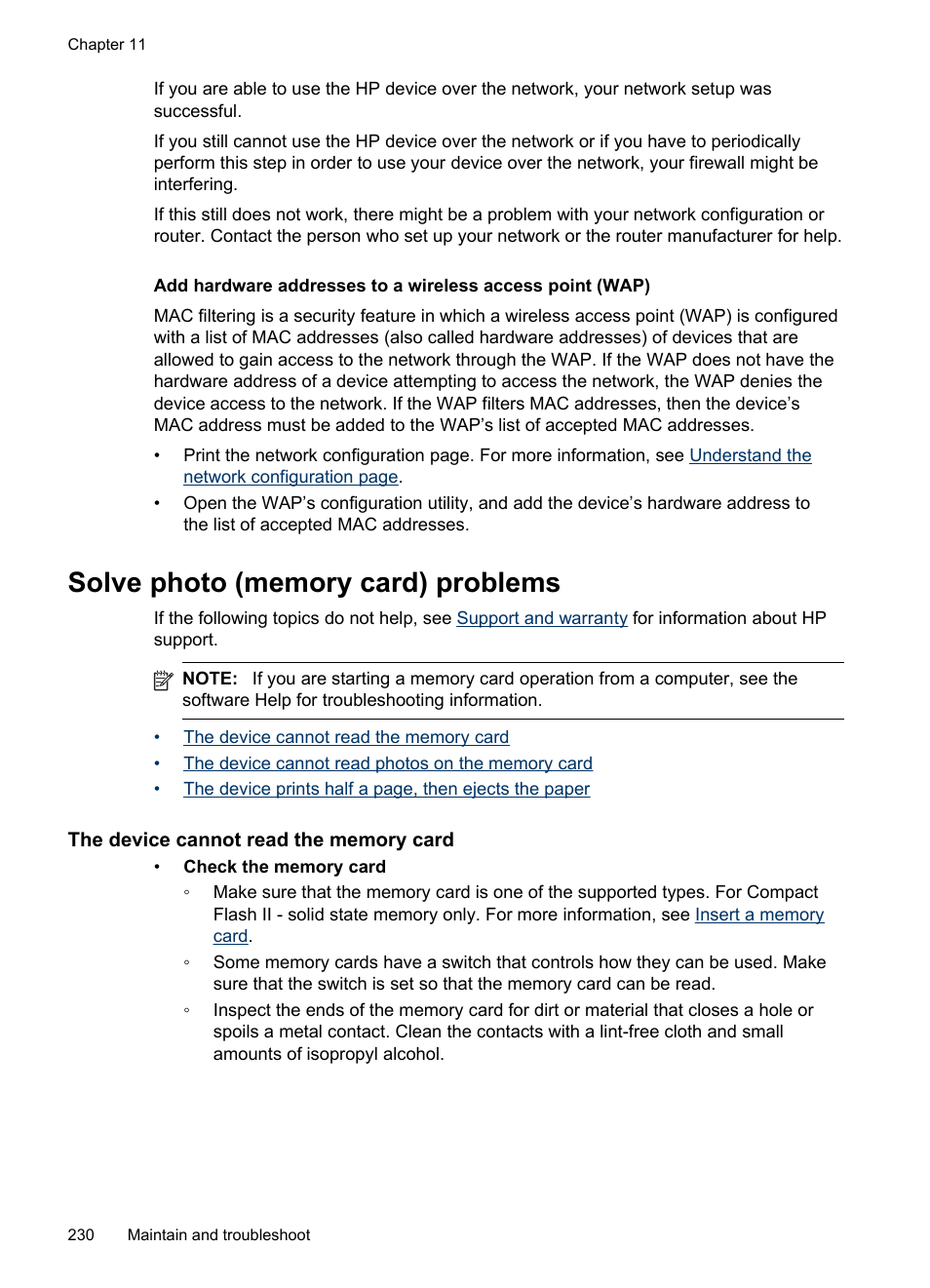 Solve photo (memory card) problems, The device cannot read the memory card | HP Officejet Pro 8500 User Manual | Page 234 / 306