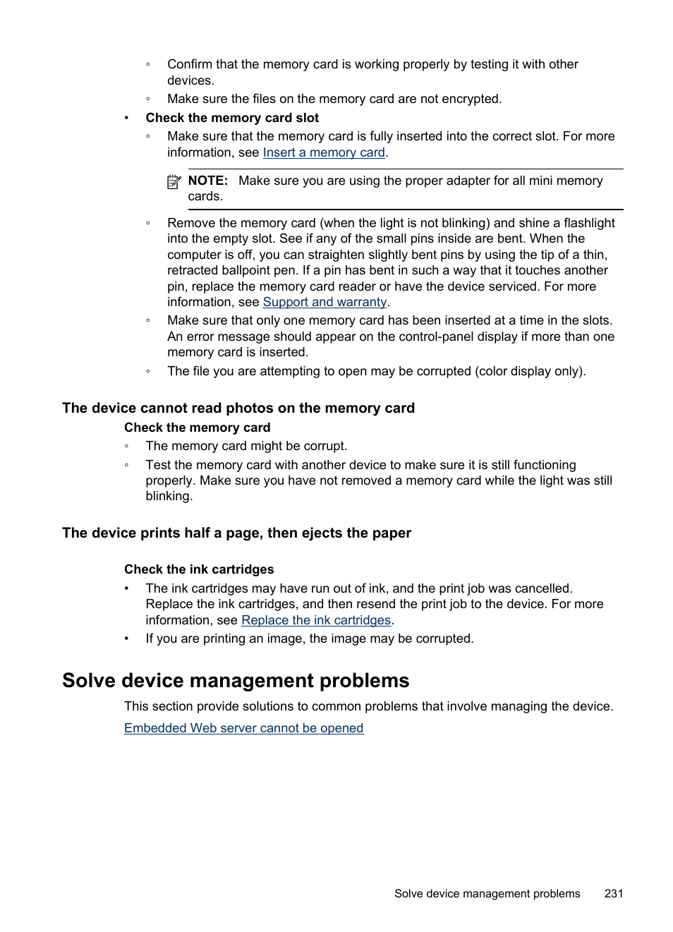 The device cannot read photos on the memory card, Solve device management problems, Embedded web server cannot be opened | HP Officejet Pro 8500 User Manual | Page 235 / 306