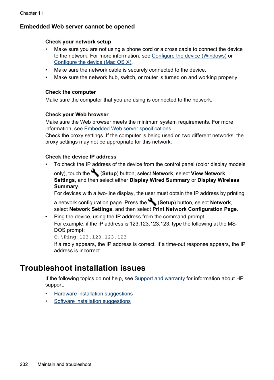 Embedded web server cannot be opened, Troubleshoot installation issues | HP Officejet Pro 8500 User Manual | Page 236 / 306