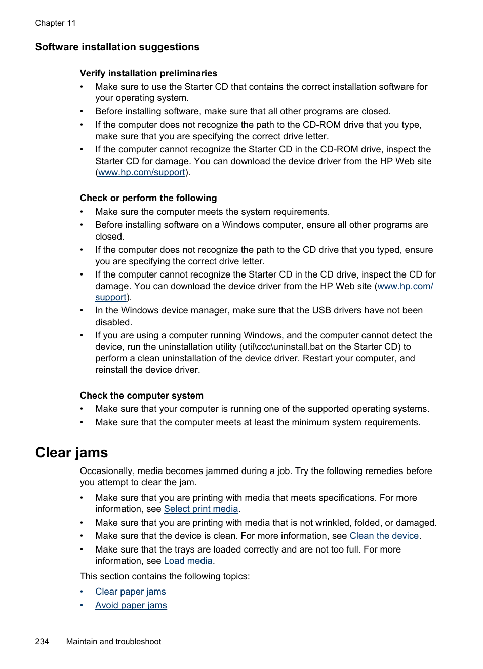 Software installation suggestions, Clear jams, Clear paper jams avoid paper jams | Jammed. check for jams. see | HP Officejet Pro 8500 User Manual | Page 238 / 306