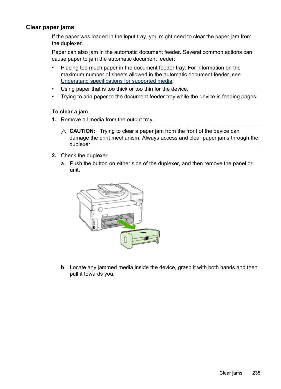 Clear paper jams | HP Officejet Pro 8500 User Manual | Page 239 / 306