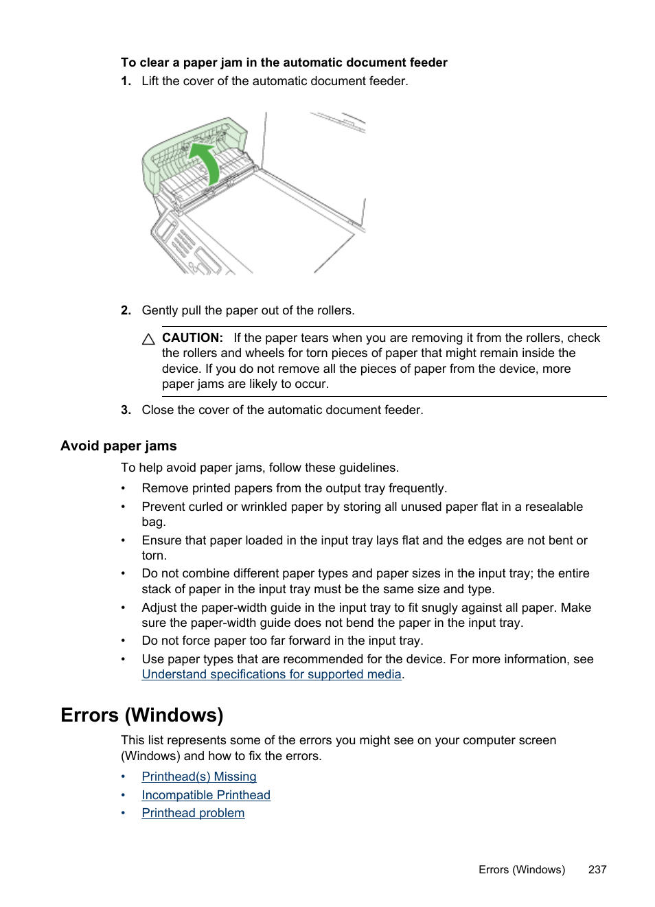 Avoid paper jams, Errors (windows) | HP Officejet Pro 8500 User Manual | Page 241 / 306