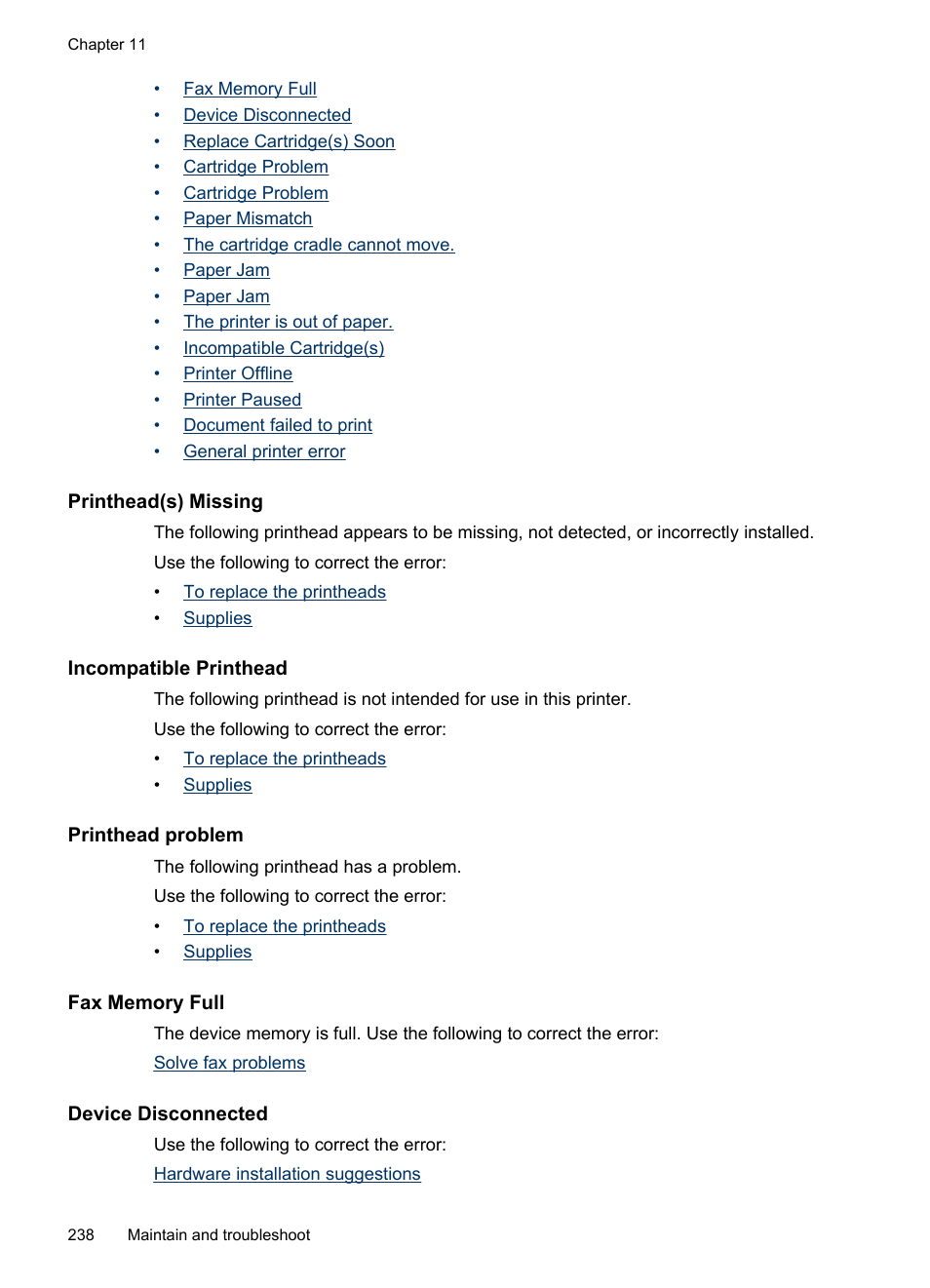 Printhead(s) missing, Incompatible printhead, Printhead problem | Fax memory full, Device disconnected | HP Officejet Pro 8500 User Manual | Page 242 / 306