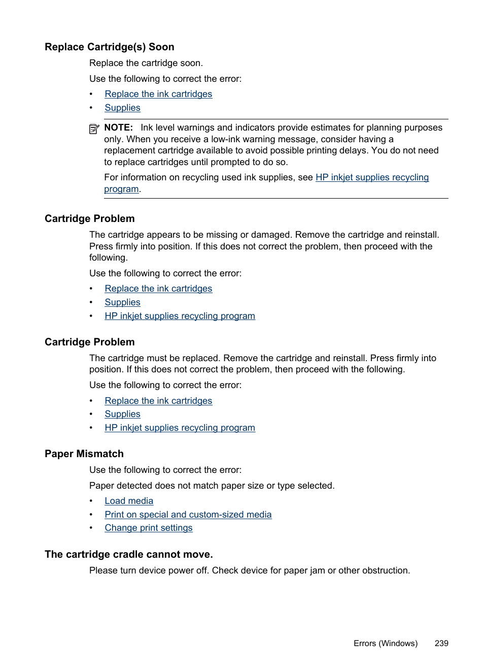 Replace cartridge(s) soon, Cartridge problem, Paper mismatch | The cartridge cradle cannot move | HP Officejet Pro 8500 User Manual | Page 243 / 306