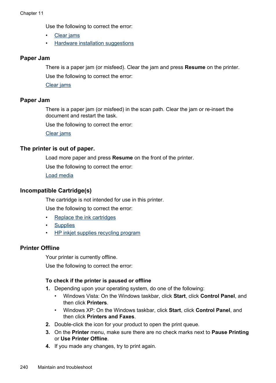 Paper jam, The printer is out of paper, Incompatible cartridge(s) | Printer offline | HP Officejet Pro 8500 User Manual | Page 244 / 306