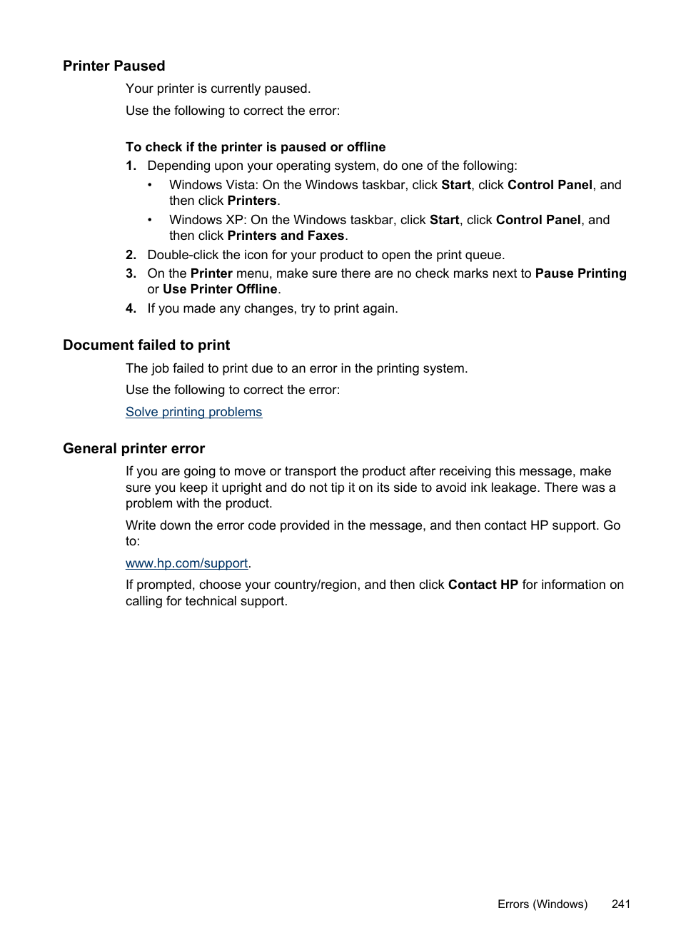 Printer paused, Document failed to print, General printer error | HP Officejet Pro 8500 User Manual | Page 245 / 306