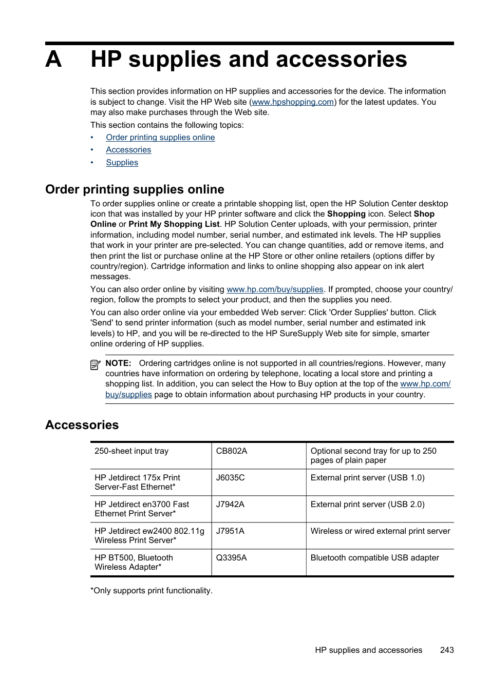 Hp supplies and accessories, Order printing supplies online, Accessories | A hp supplies and accessories, Order printing supplies online accessories, Supplies and accessories, Order, Printing supplies online, Hp supplies, And accessories | HP Officejet Pro 8500 User Manual | Page 247 / 306