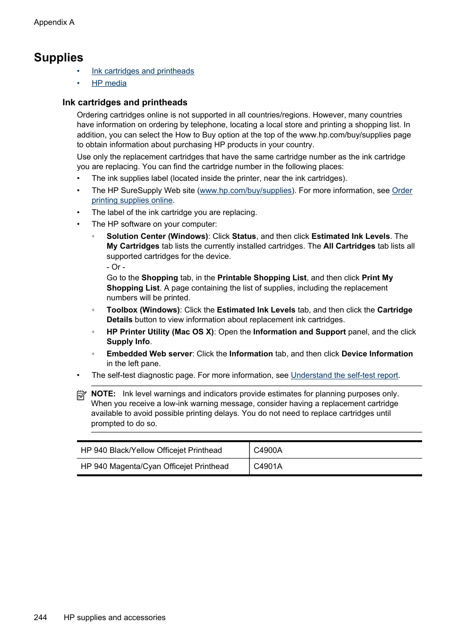 Supplies, Ink cartridges and printheads, Ink cartridges and printheads hp media | HP Officejet Pro 8500 User Manual | Page 248 / 306