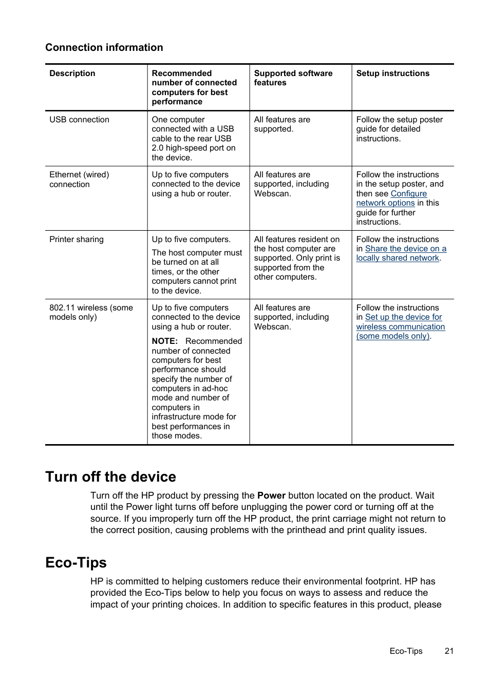 Connection information, Turn off the device, Eco-tips | Turn off the device eco-tips | HP Officejet Pro 8500 User Manual | Page 25 / 306