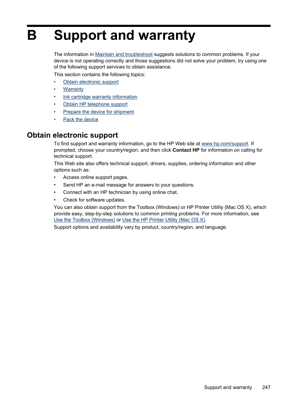 Support and warranty, Obtain electronic support, B support and warranty | Information, see, Support, And warranty, For information, Bsupport and warranty | HP Officejet Pro 8500 User Manual | Page 251 / 306