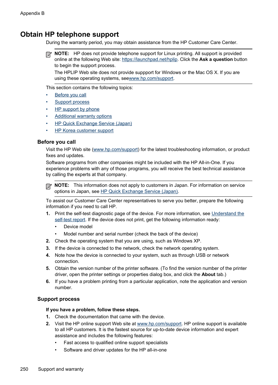 Obtain hp telephone support, Before you call, Support process | HP Officejet Pro 8500 User Manual | Page 254 / 306