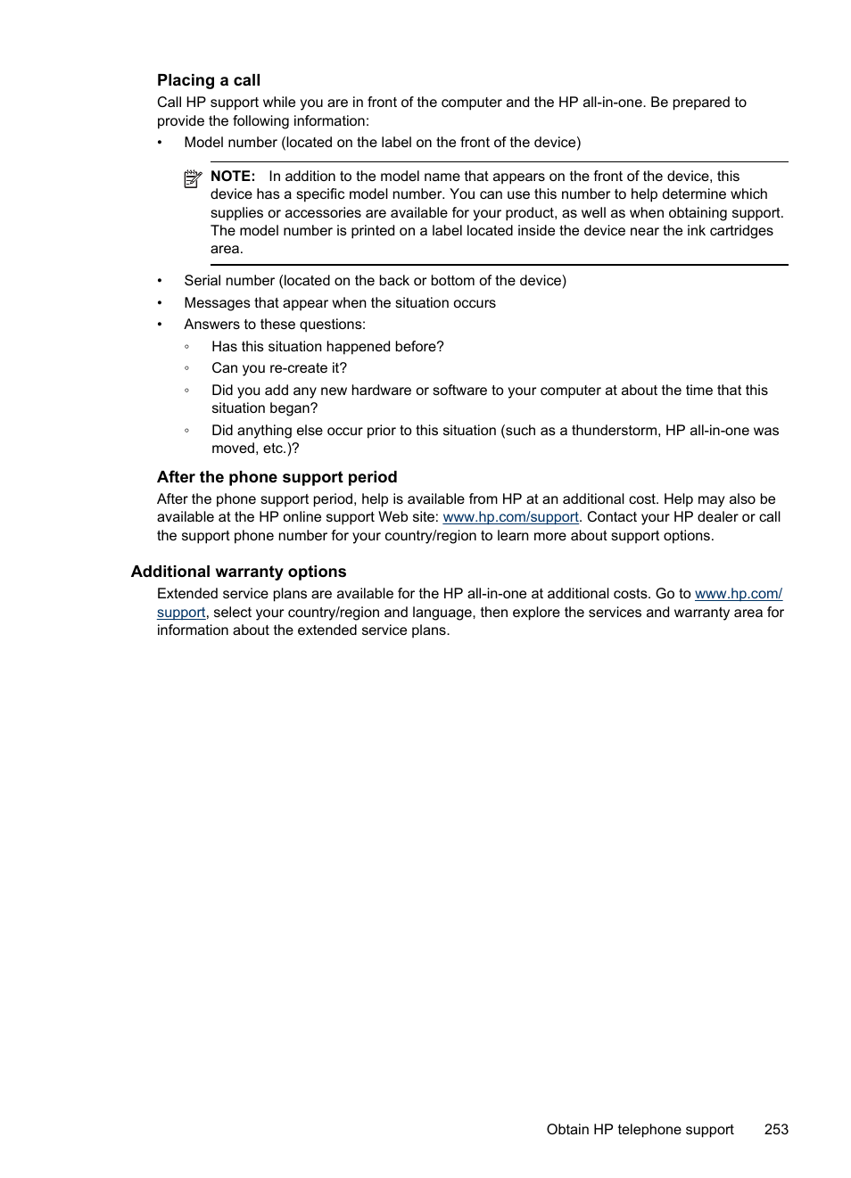 Placing a call, After the phone support period, Additional warranty options | HP Officejet Pro 8500 User Manual | Page 257 / 306