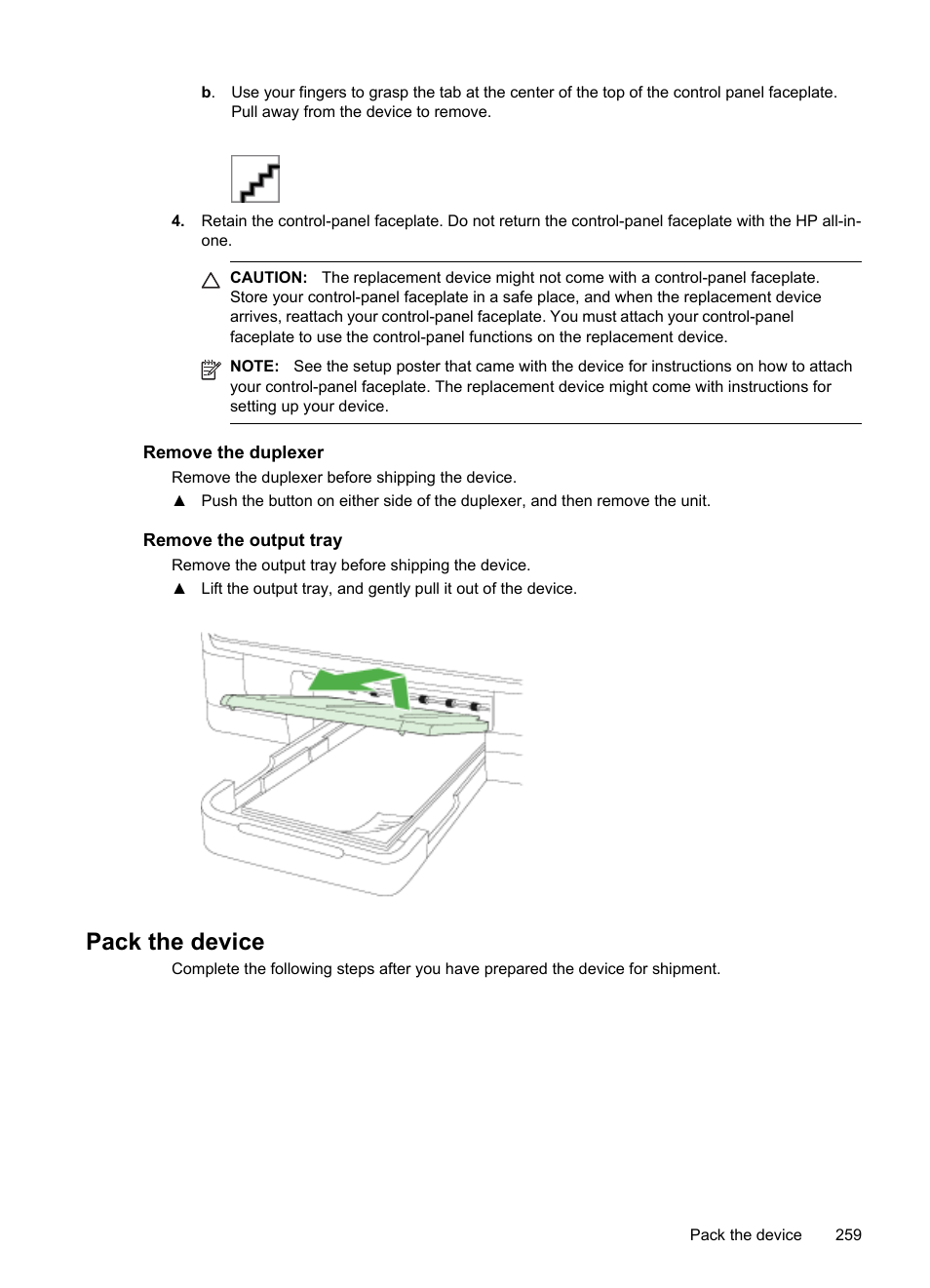 Remove the duplexer, Remove the output tray, Pack the device | HP Officejet Pro 8500 User Manual | Page 263 / 306