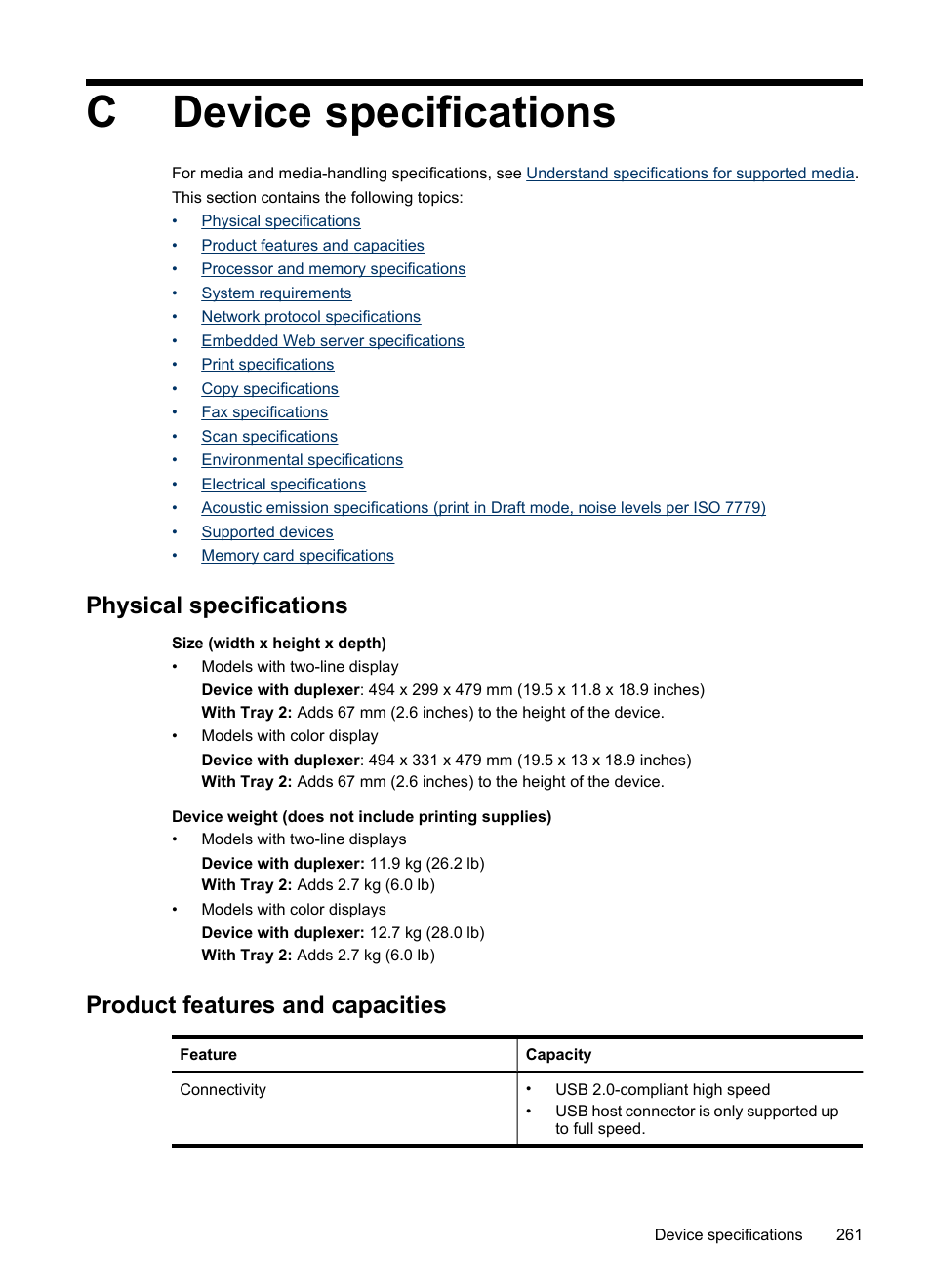 Device specifications, Physical specifications, Product features and capacities | C device specifications, Cdevice specifications | HP Officejet Pro 8500 User Manual | Page 265 / 306