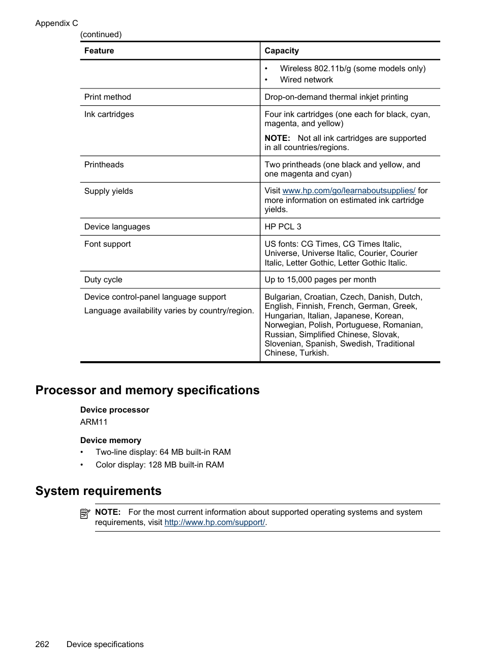 Processor and memory specifications, System requirements | HP Officejet Pro 8500 User Manual | Page 266 / 306