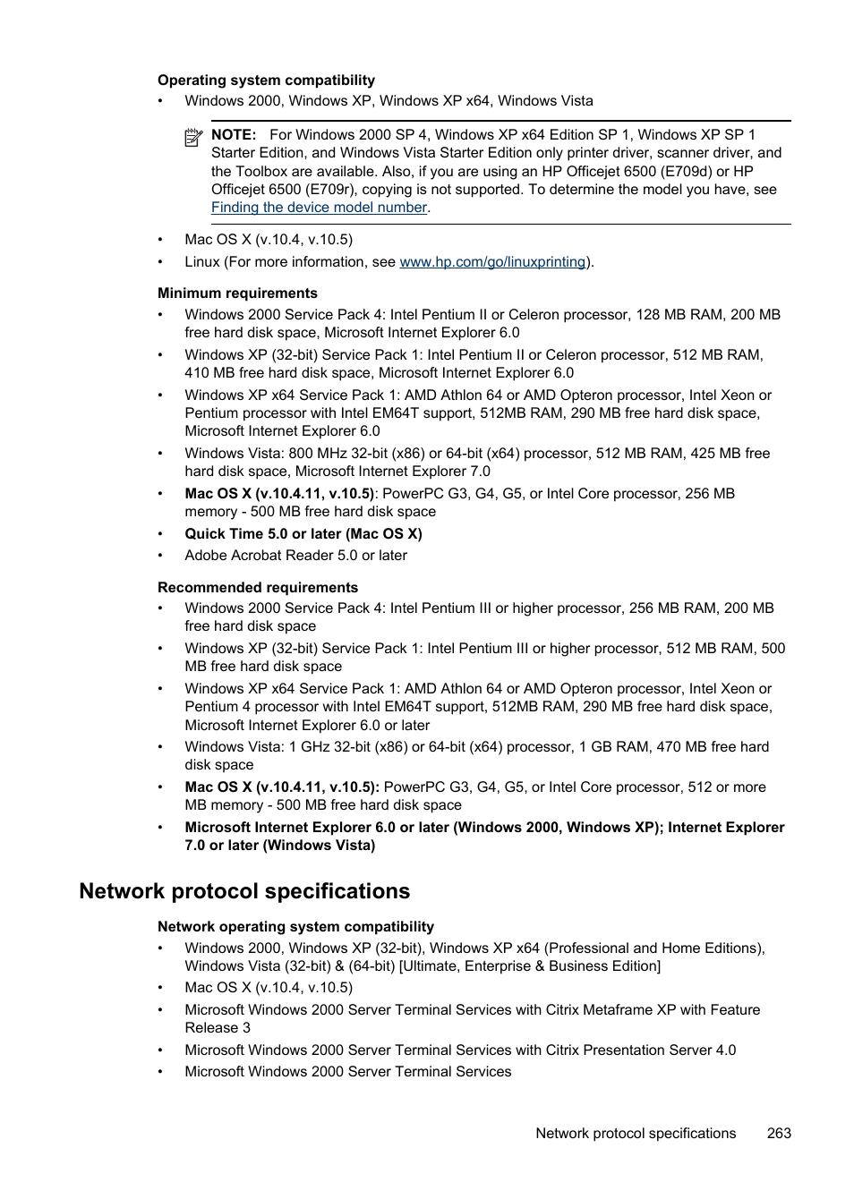 Network protocol specifications, Operating system, Compatibility | HP Officejet Pro 8500 User Manual | Page 267 / 306