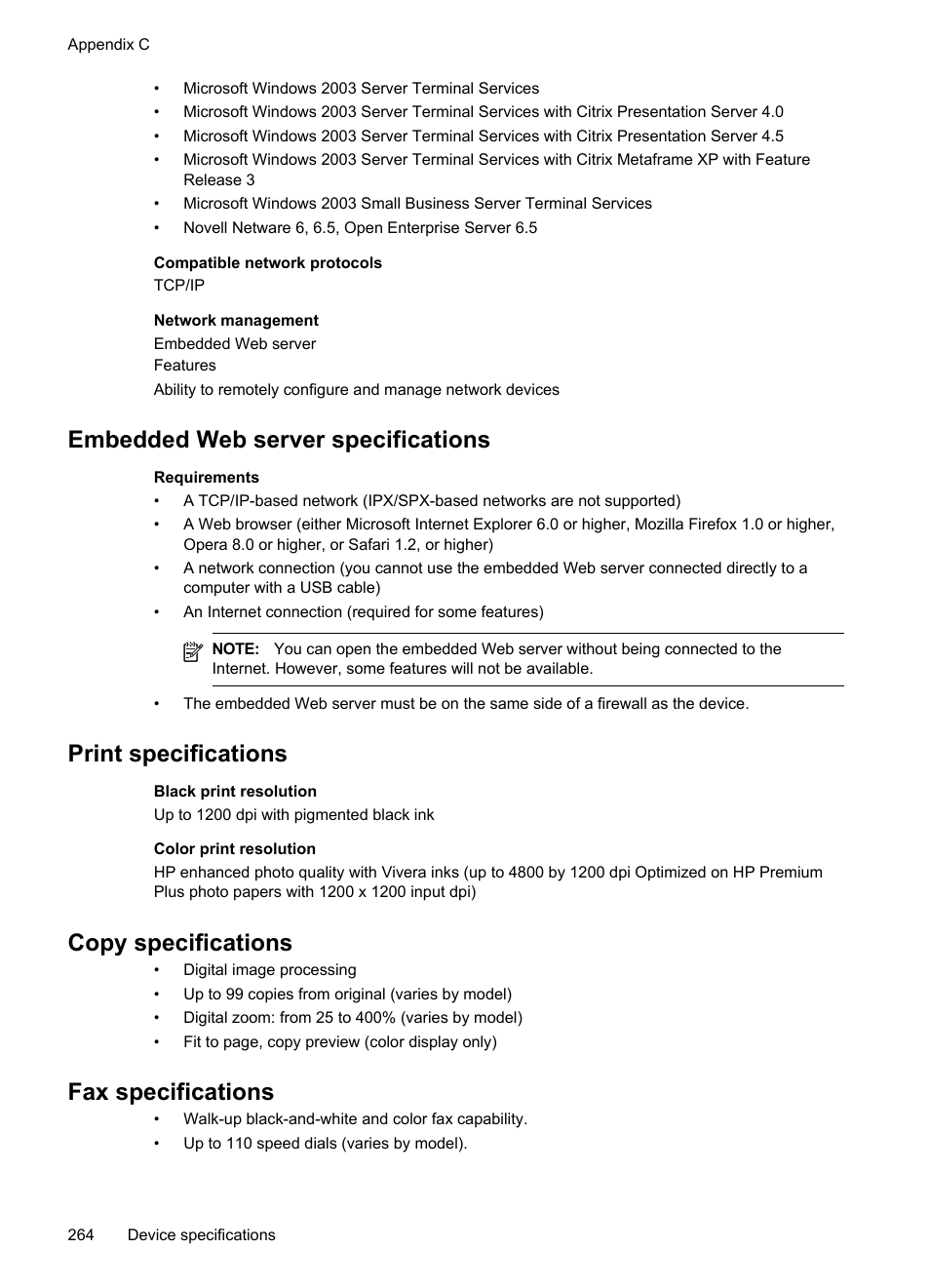 Embedded web server specifications, Print specifications, Copy specifications | Fax specifications | HP Officejet Pro 8500 User Manual | Page 268 / 306