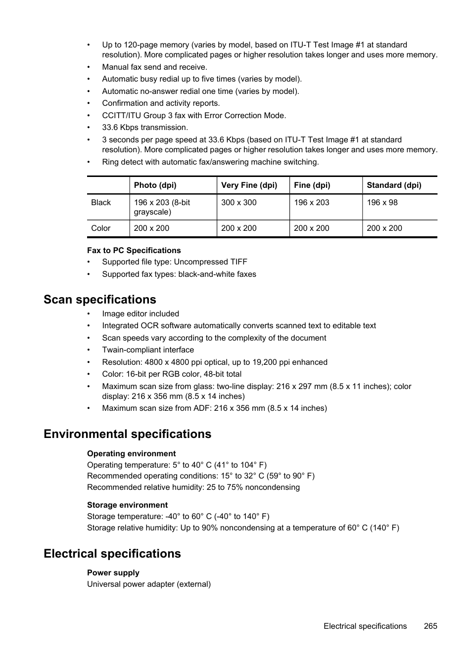 Scan specifications, Environmental specifications, Electrical specifications | HP Officejet Pro 8500 User Manual | Page 269 / 306