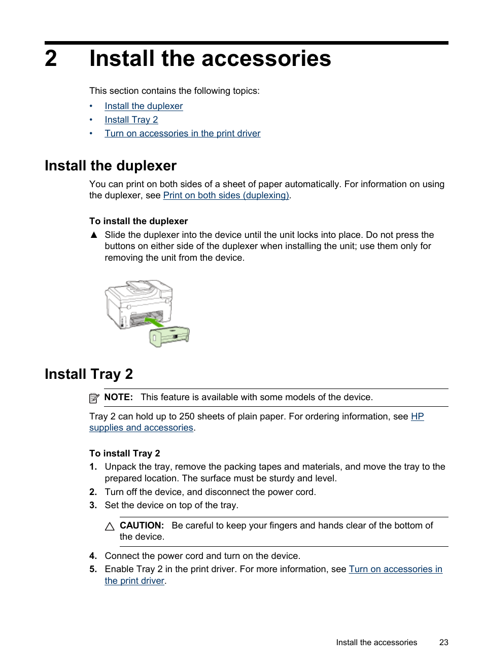 Install the accessories, Install the duplexer, Install tray 2 | 2 install the accessories, Install the duplexer install tray 2, 2install the accessories | HP Officejet Pro 8500 User Manual | Page 27 / 306