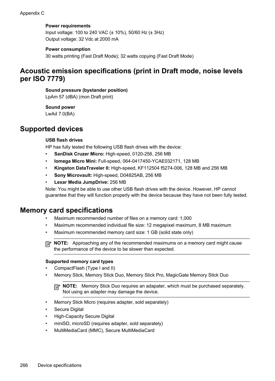 Supported devices, Memory card specifications | HP Officejet Pro 8500 User Manual | Page 270 / 306