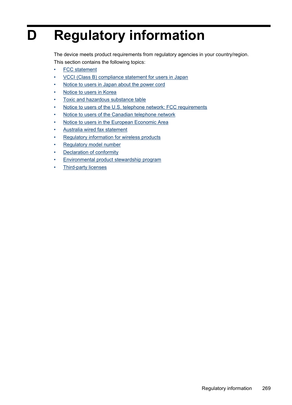 Regulatory information, D regulatory information, Dregulatory information | HP Officejet Pro 8500 User Manual | Page 273 / 306