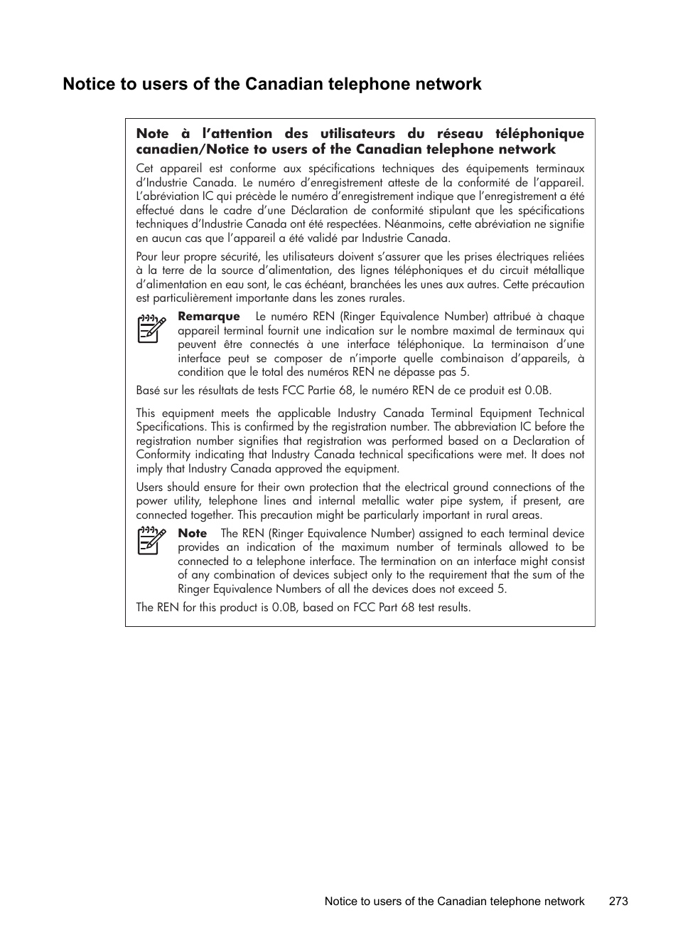 Notice to users of the canadian telephone network | HP Officejet Pro 8500 User Manual | Page 277 / 306