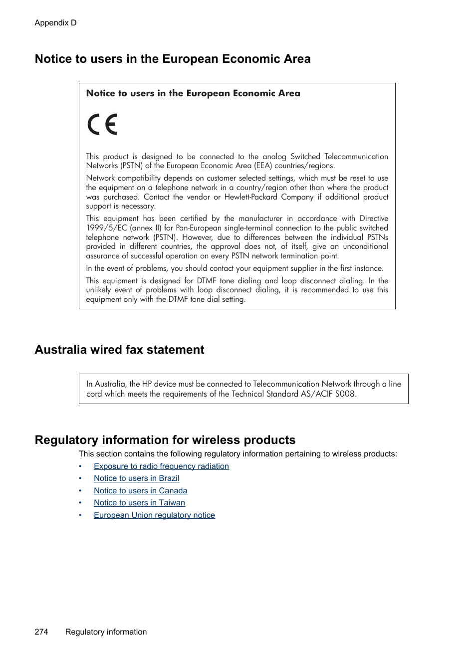 Notice to users in the european economic area, Australia wired fax statement, Regulatory information for wireless products | HP Officejet Pro 8500 User Manual | Page 278 / 306