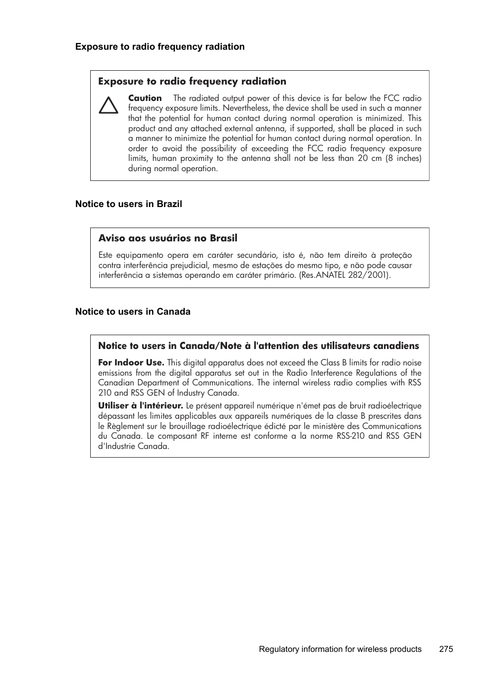 Exposure to radio frequency radiation, Notice to users in brazil, Notice to users in canada | HP Officejet Pro 8500 User Manual | Page 279 / 306