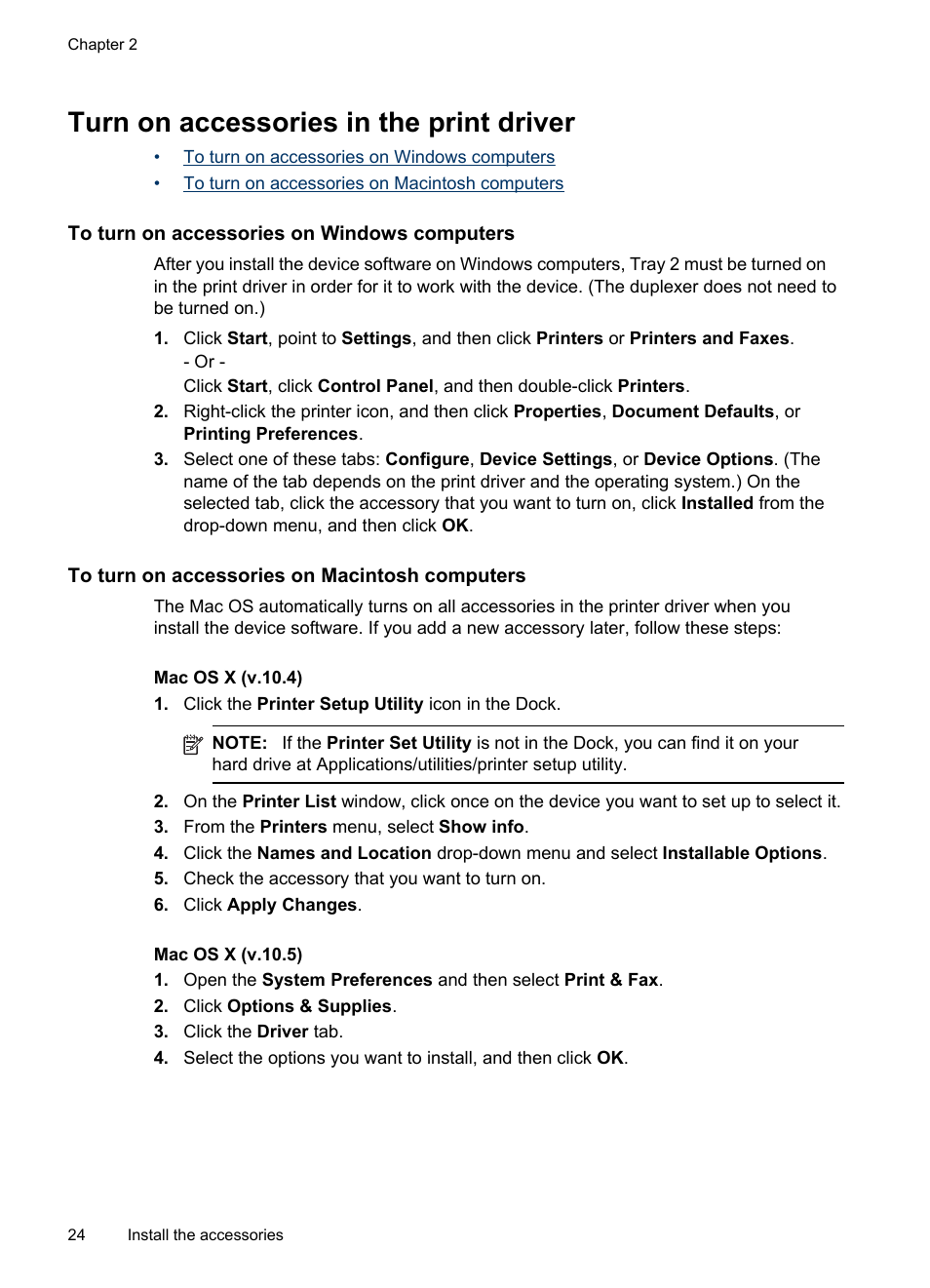 Turn on accessories in the print driver, To turn on accessories on windows computers, To turn on accessories on macintosh computers | Turn on accessories in, The print driver | HP Officejet Pro 8500 User Manual | Page 28 / 306